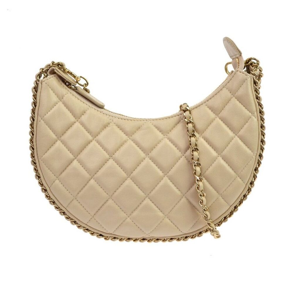 Chanel Chain Around Hook Hobo Quilted Lambskin Beige Leather Shoulder Bag Bag